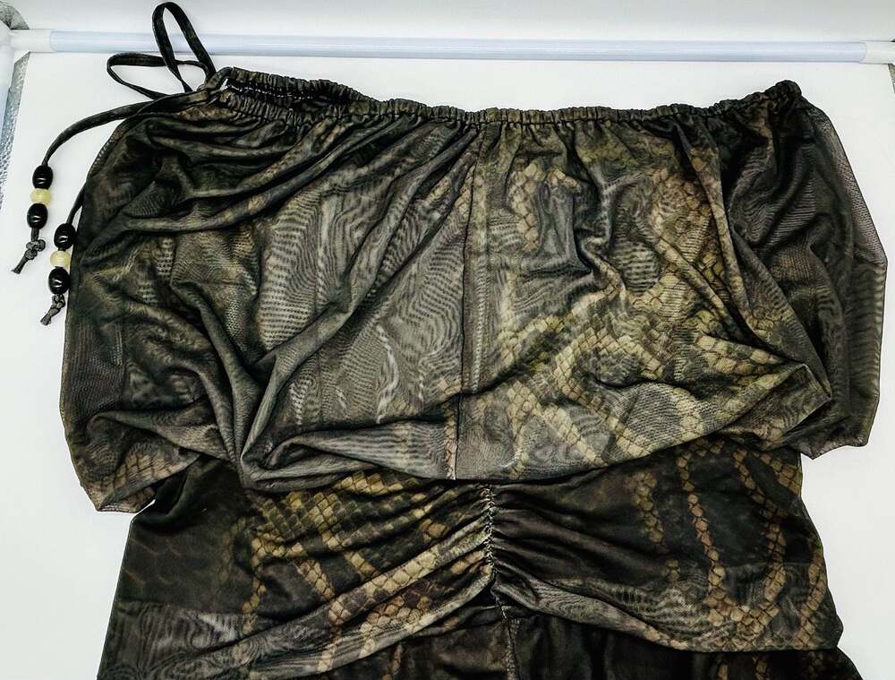 MUSERA Snake Print Mini Dress Size L Green Brown Mesh Ruched
